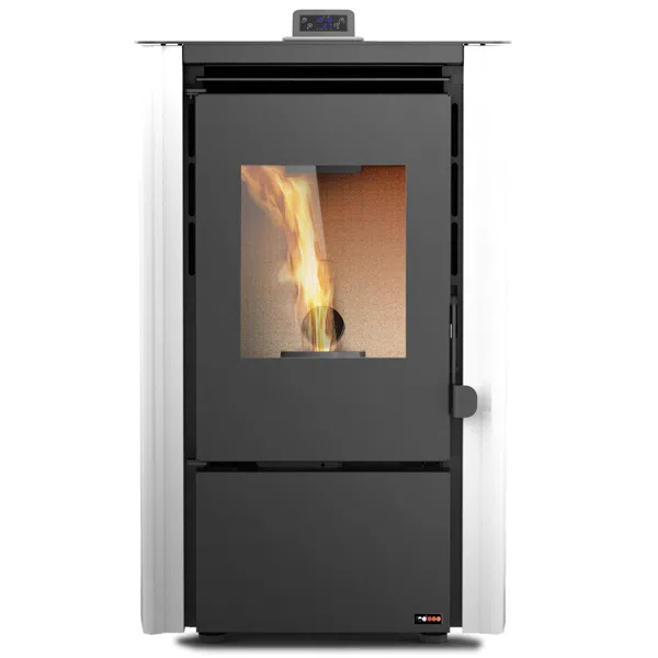 Estufa de pellet Mod. FIRST 6 Kw blanco frontal con fuego.png.webp