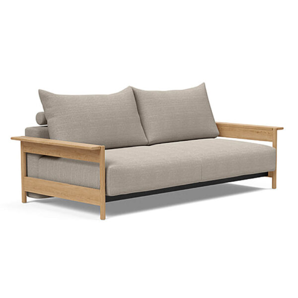 Sofá cama Malloy Wood roble y acero | Cama 150x200cm con reposabrazos funcionales